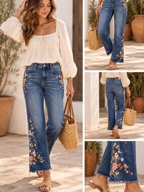Driftwood Roxy Floral Embroidered Crop Boot Jeans Blue Size 28